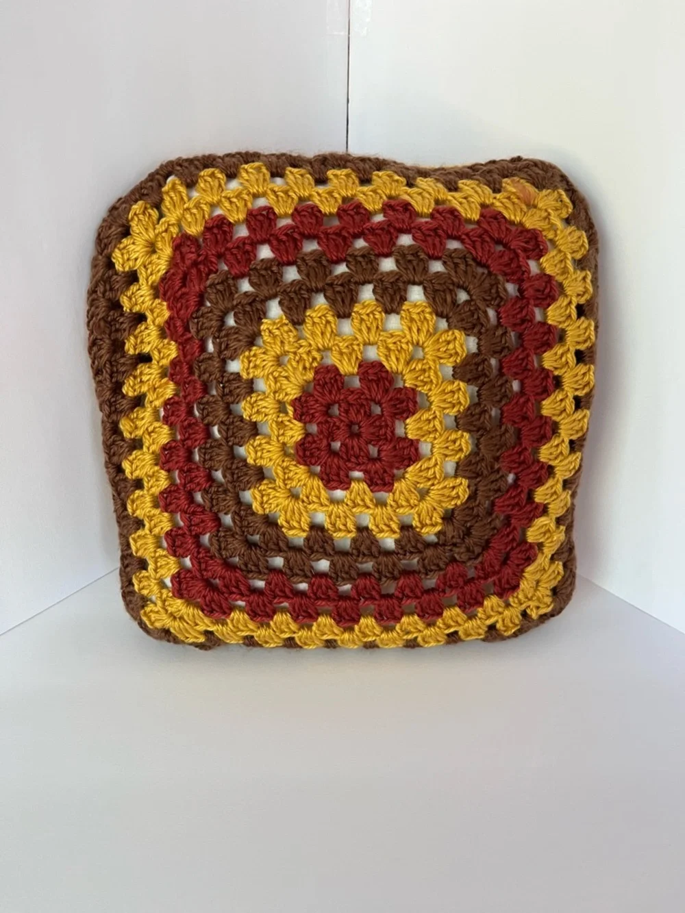 Handmade Crochet Knit Pillow Boho Granny Retro Multicolored 12x12 Reversible
